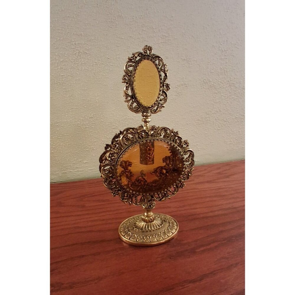 Ormolu Filigree Perfume Bottle Gold Ornate Large Vintage Mid Century Italy